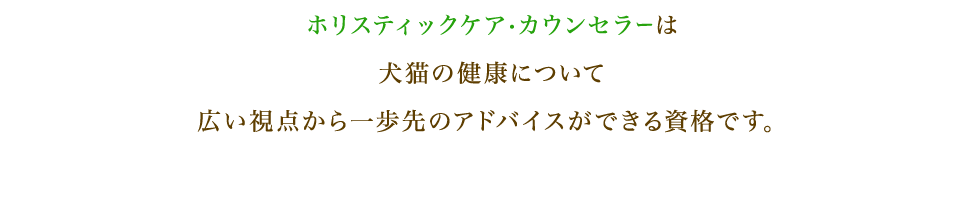 ホリスティックケア・カウンセラーは犬猫の健康について広い視点から一歩先のアドバイスができる資格です。