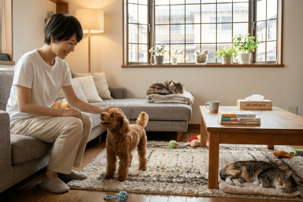 リビングでくつろぐ飼い主と犬猫