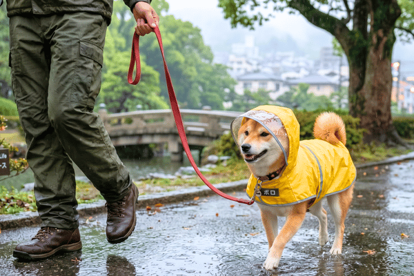 雨の日散歩中の犬